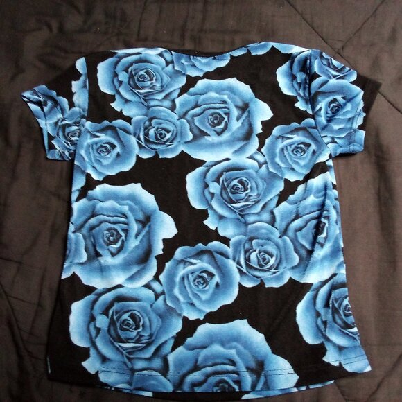 Vintage PerSeption Blue Rose Polyester Blouse Crop Top T-Shirt - Picture 5 of 5